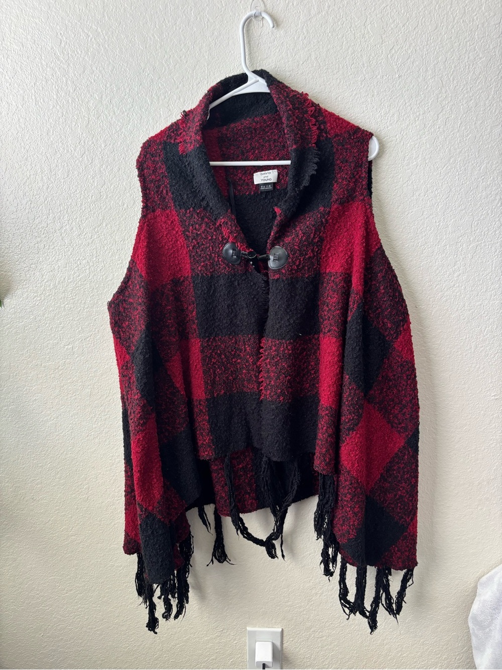 David and Young Red and Black Plaid Fringe Shawl Vest